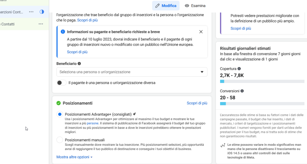 posizionamenti facebook ads lead generation